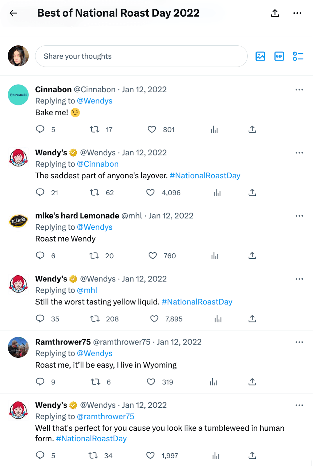 Wendy's replies to followers' Twitter comments representing its brand voice 