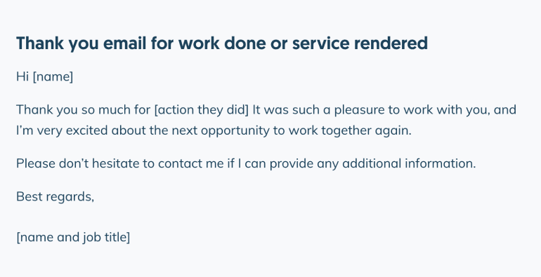Thank you email for work done or service rendered example