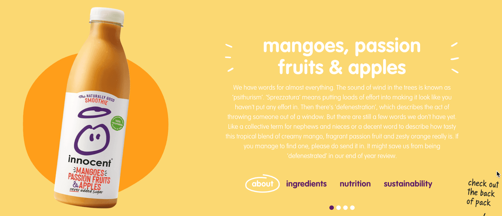 Innocent mangoes, passion, fruits & apples smoothie bottle with the "about" description representing its brand voice 