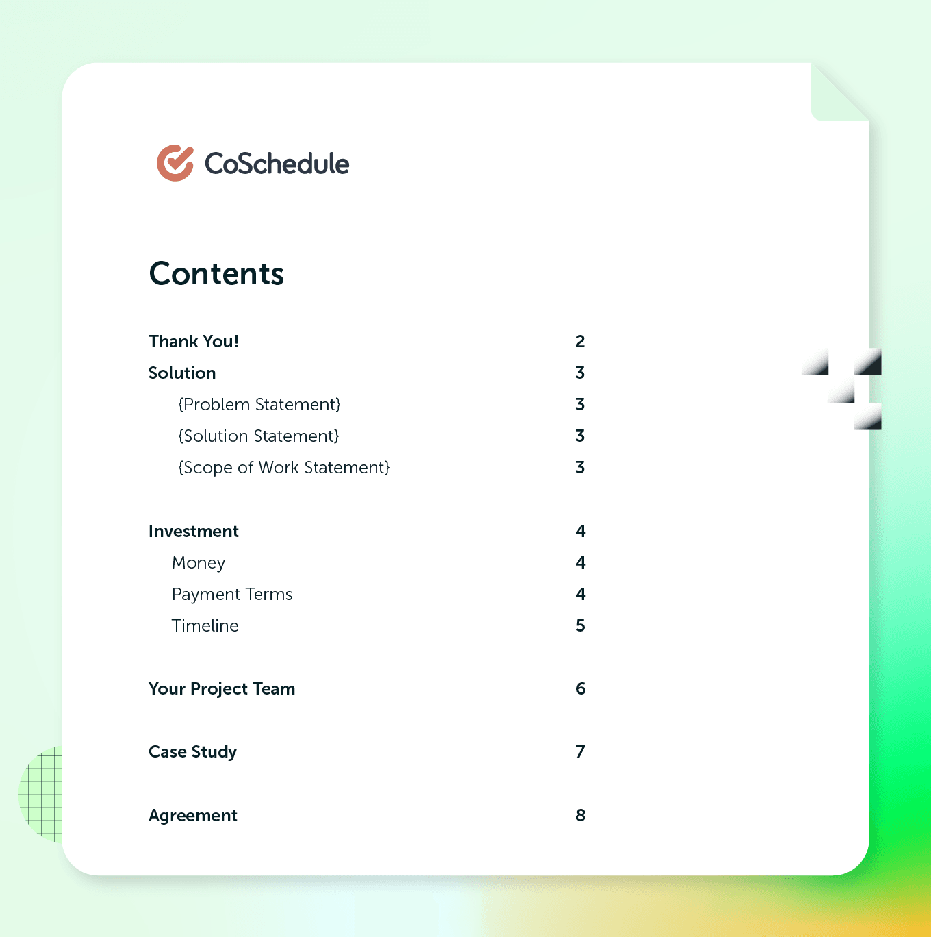 Table of contents format for proposals