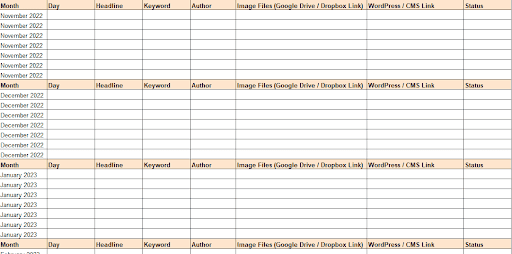 Blog content calendar template