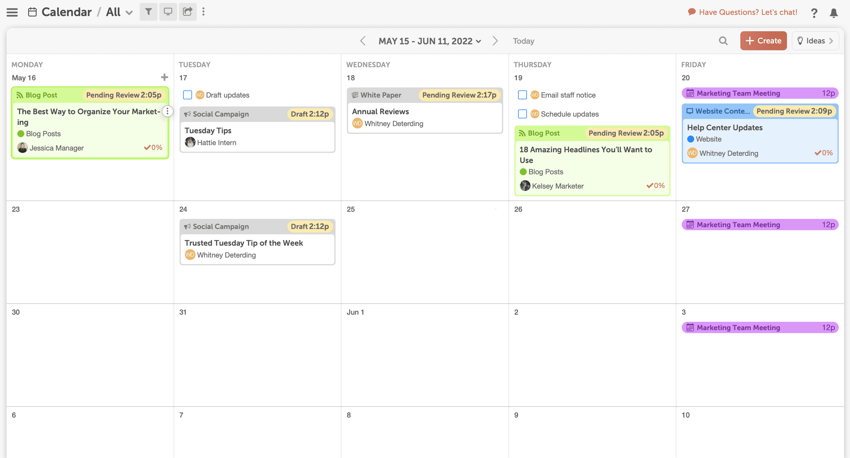 screenshot of coschedule marketing calendar