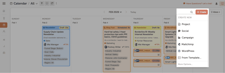 Add a new project in the calendar by clicking create.