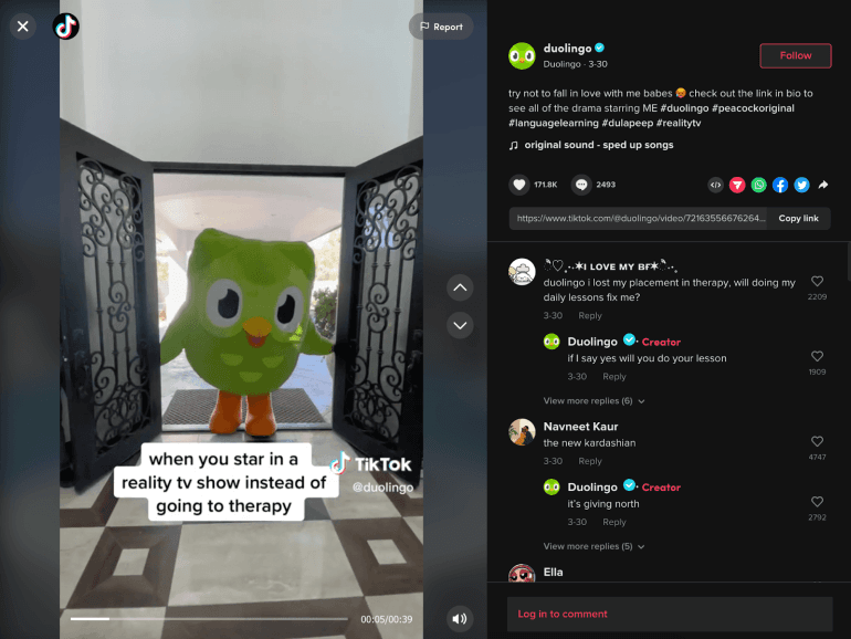 Duolingo TikTok showing off their funny and witty videos.