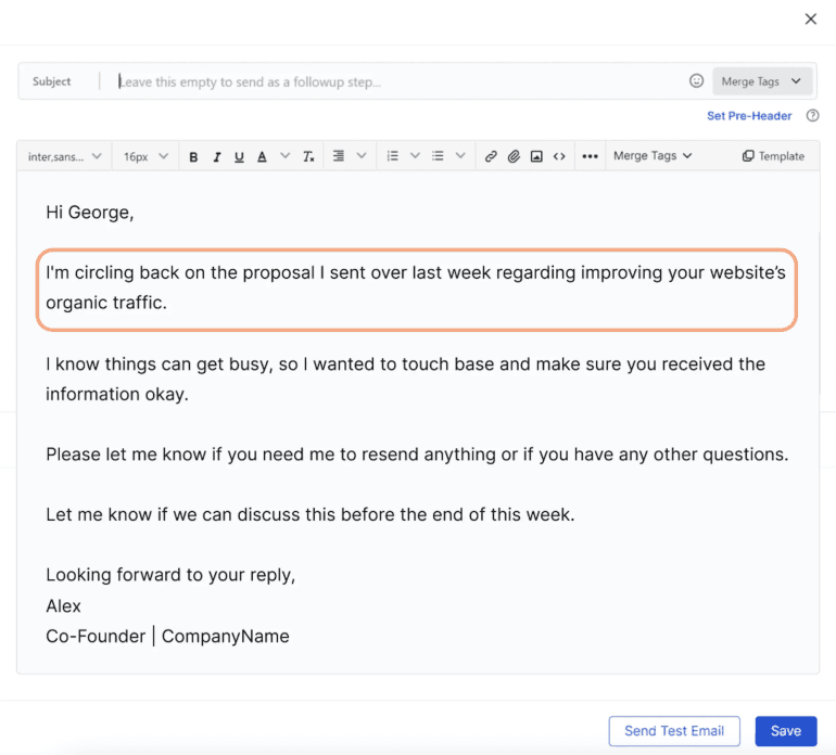 Follow-up email with George with a circled section being clear and concise