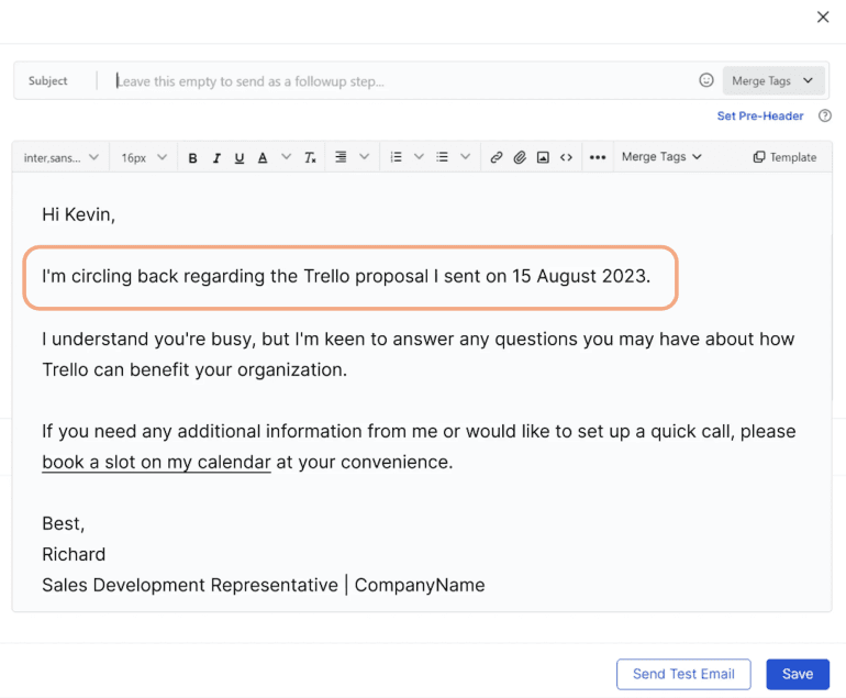 Follow-up email with Kevin with circled call-to-action