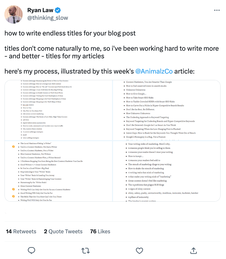 Ryan Laws process for how he writes blog post titles.
