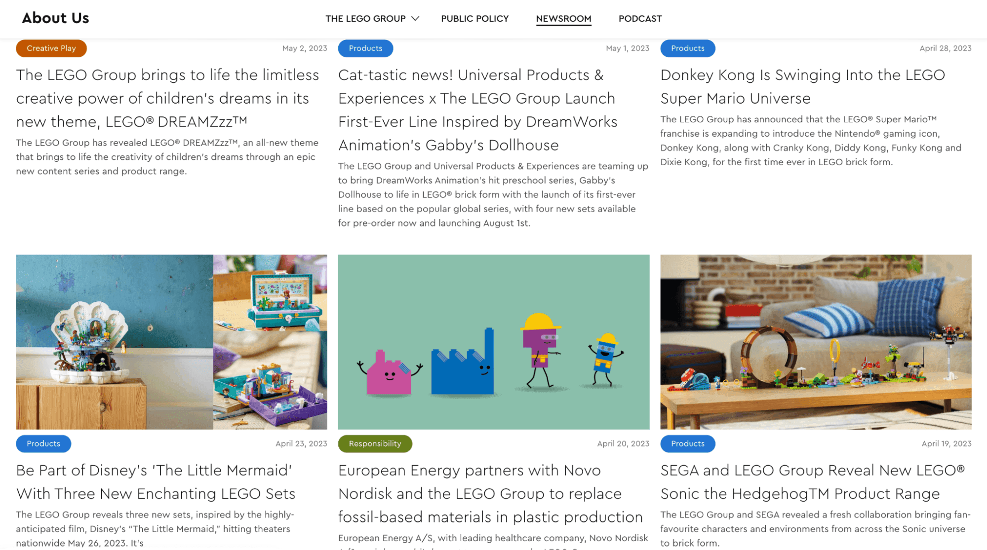 Screenshot of Lego's newsroom webpage containing several articles such as "Donkey Kong is Swinging into the LEGO Super Mario Universe"