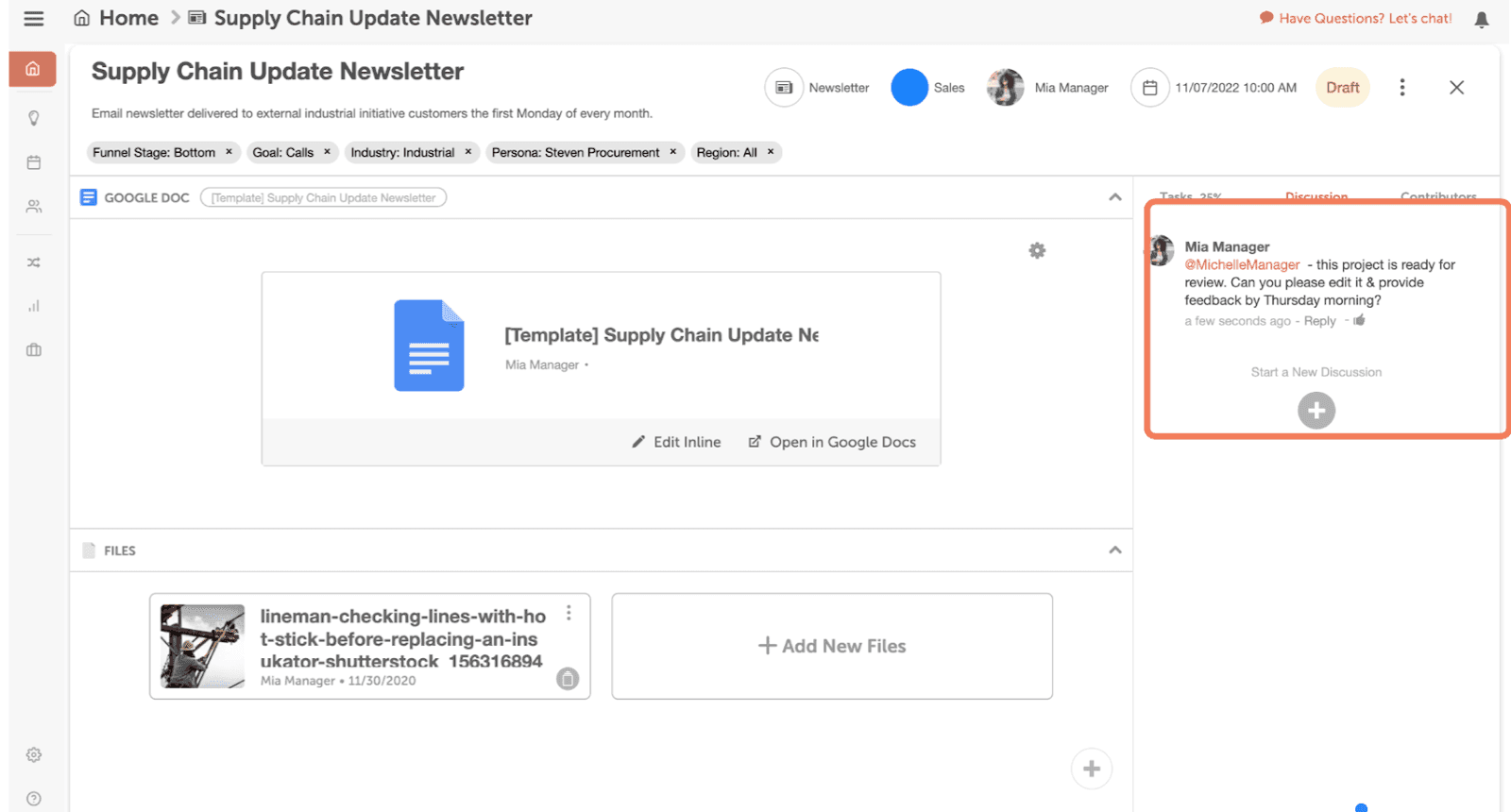 CoSchedule task view with discussions and attached files