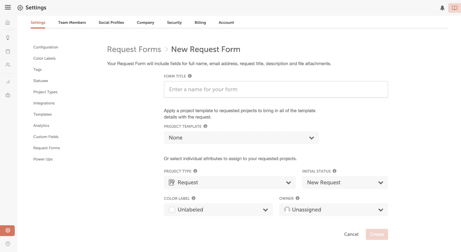 How to fill in the information needed for your request form such as the form title, project template and initial status. 