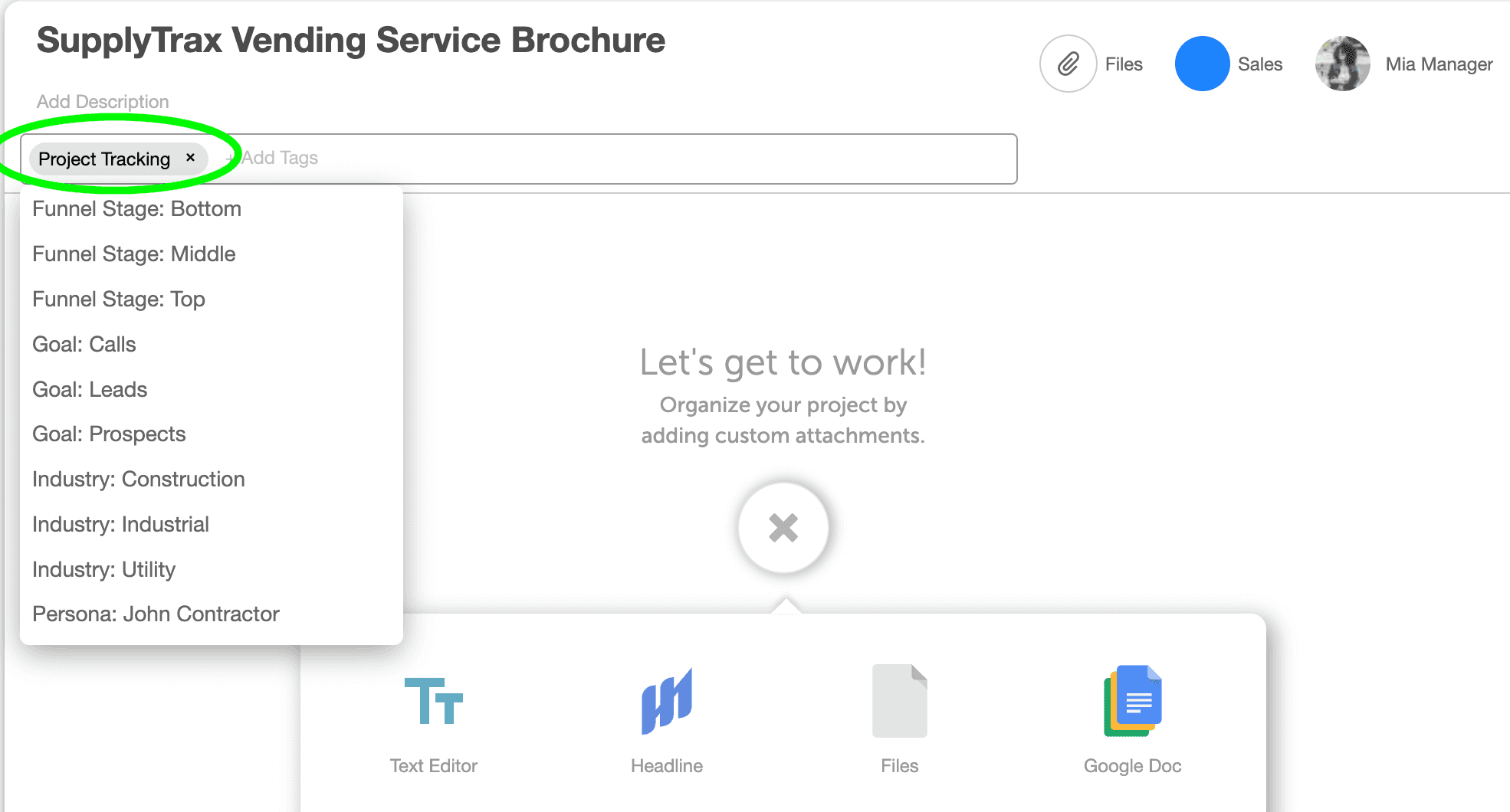 Project tracking tag added under SupplyTrax vending service brochure.