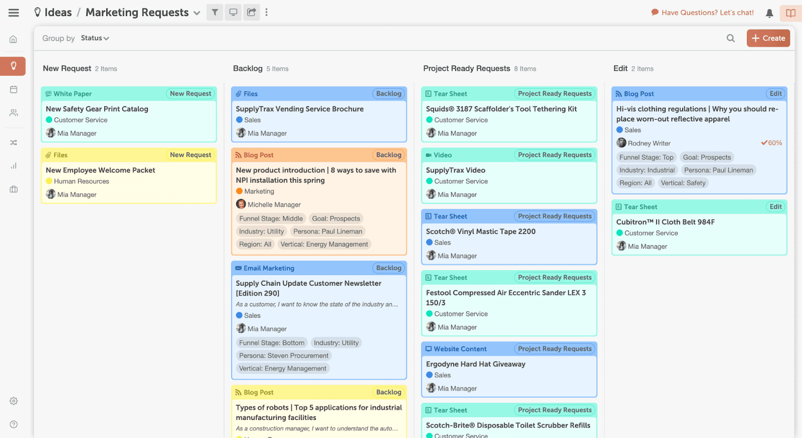 Example of what your custom workflow for request forms could look like on the idea board in coschedule's marketing suite.