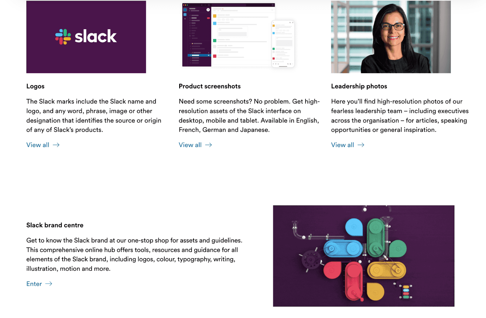 logos, product screenshots, leadership photos, slack brand centre