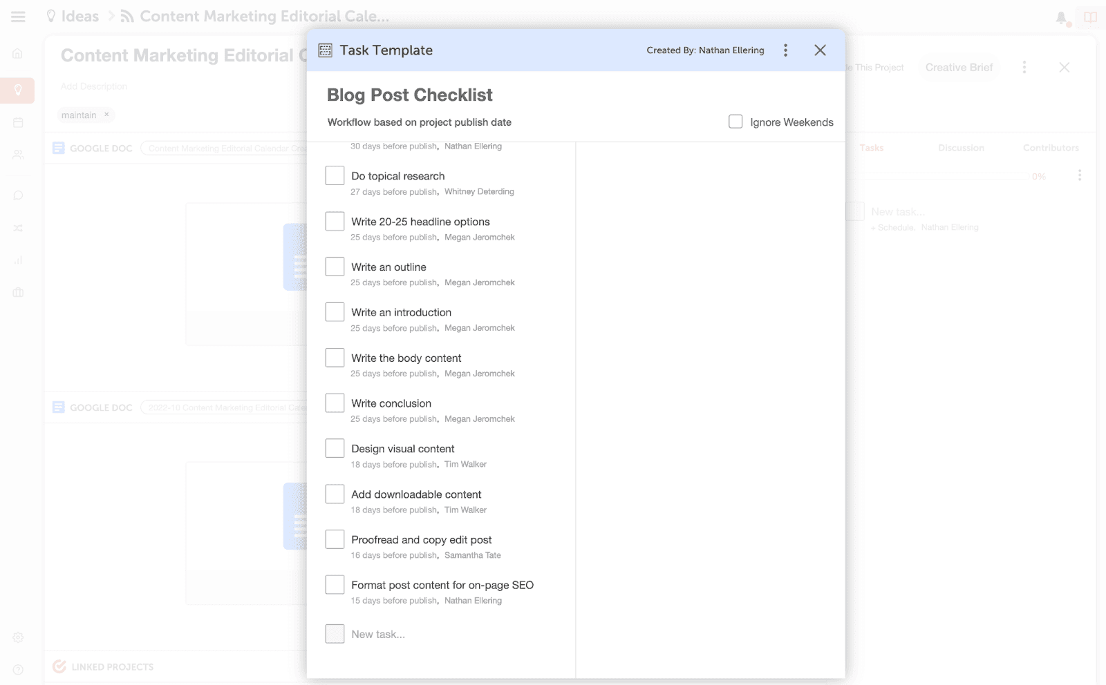 Blog post checklist with due dates for each task