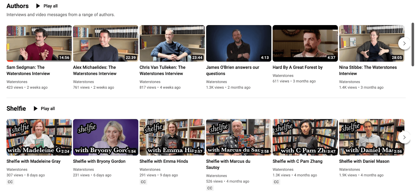 Waterstones YouTube video homepage