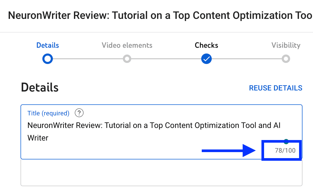 Box and arrow pointing to character limit for YouTube title