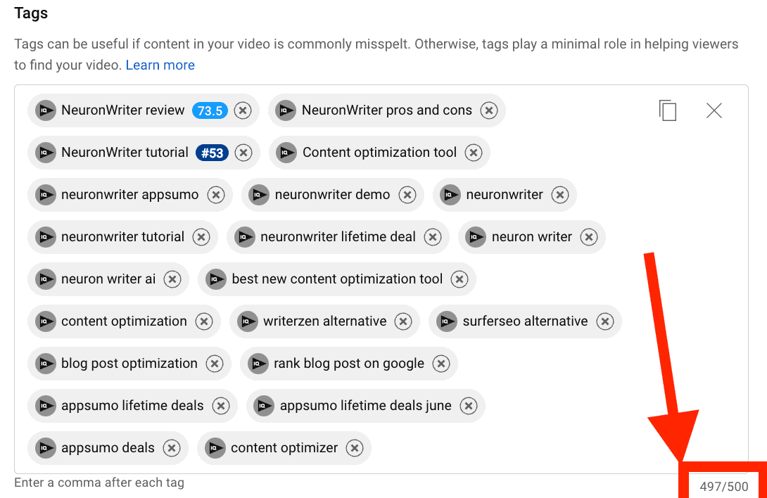 youtube tags for neuronwriter review